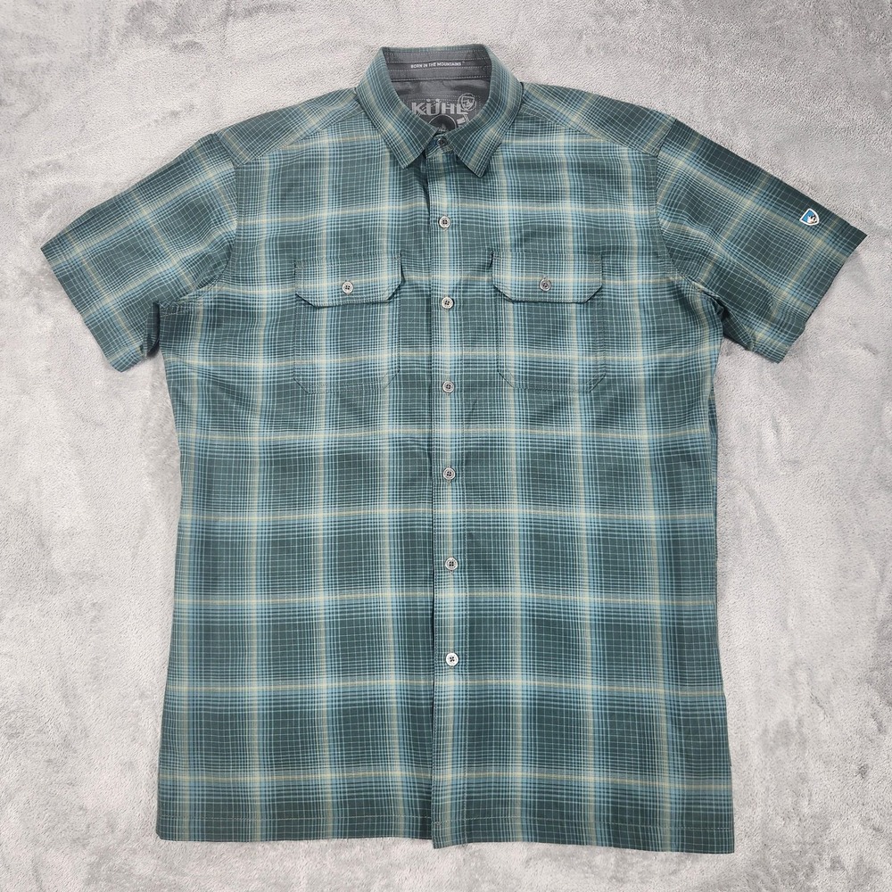 Kuhl Response Shirt Mens Small Green‎ Blue Plaid Short Sleeve Button Front
